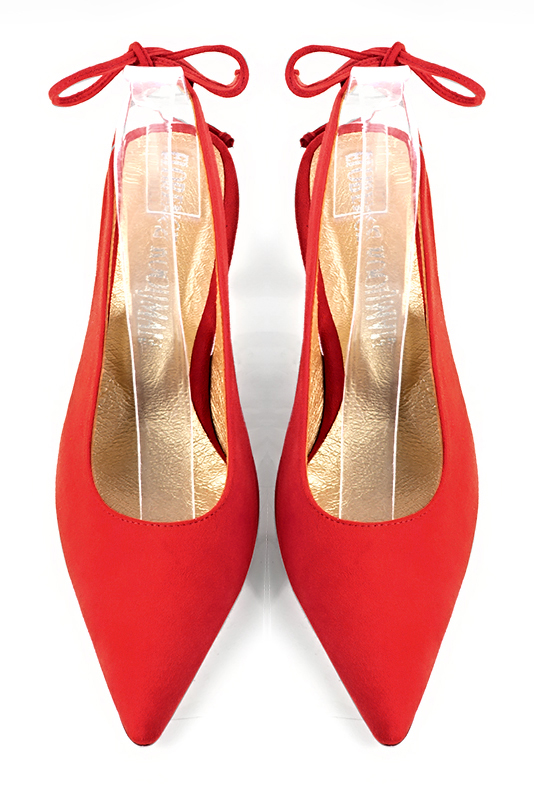 Scarlet red women's slingback shoes. Pointed toe. Medium spool heels. Top view - Florence KOOIJMAN